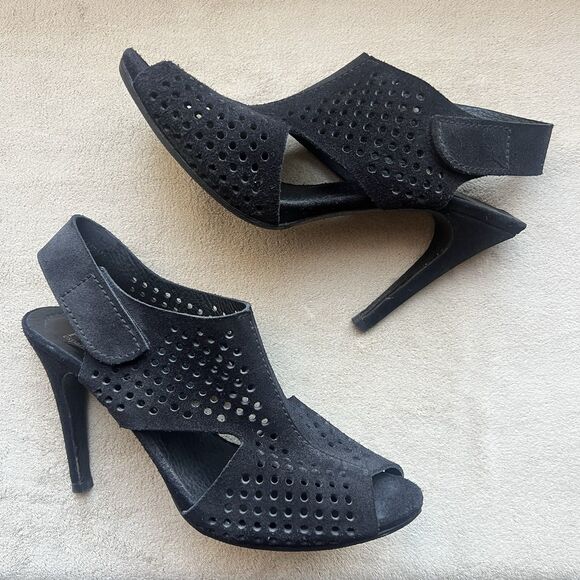 Pedro Garcia Black Suede Perforated Slingback Heeled Sandals Women EU 41 US 9.5 - Picture 1 of 16
